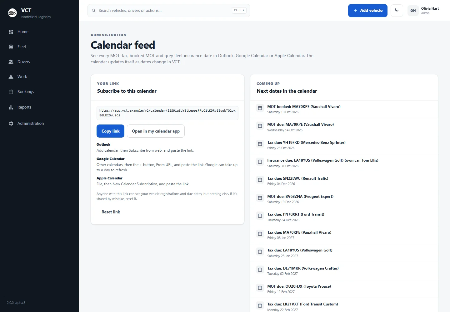 Calendar feed settings with upcoming MOT and tax dates.
