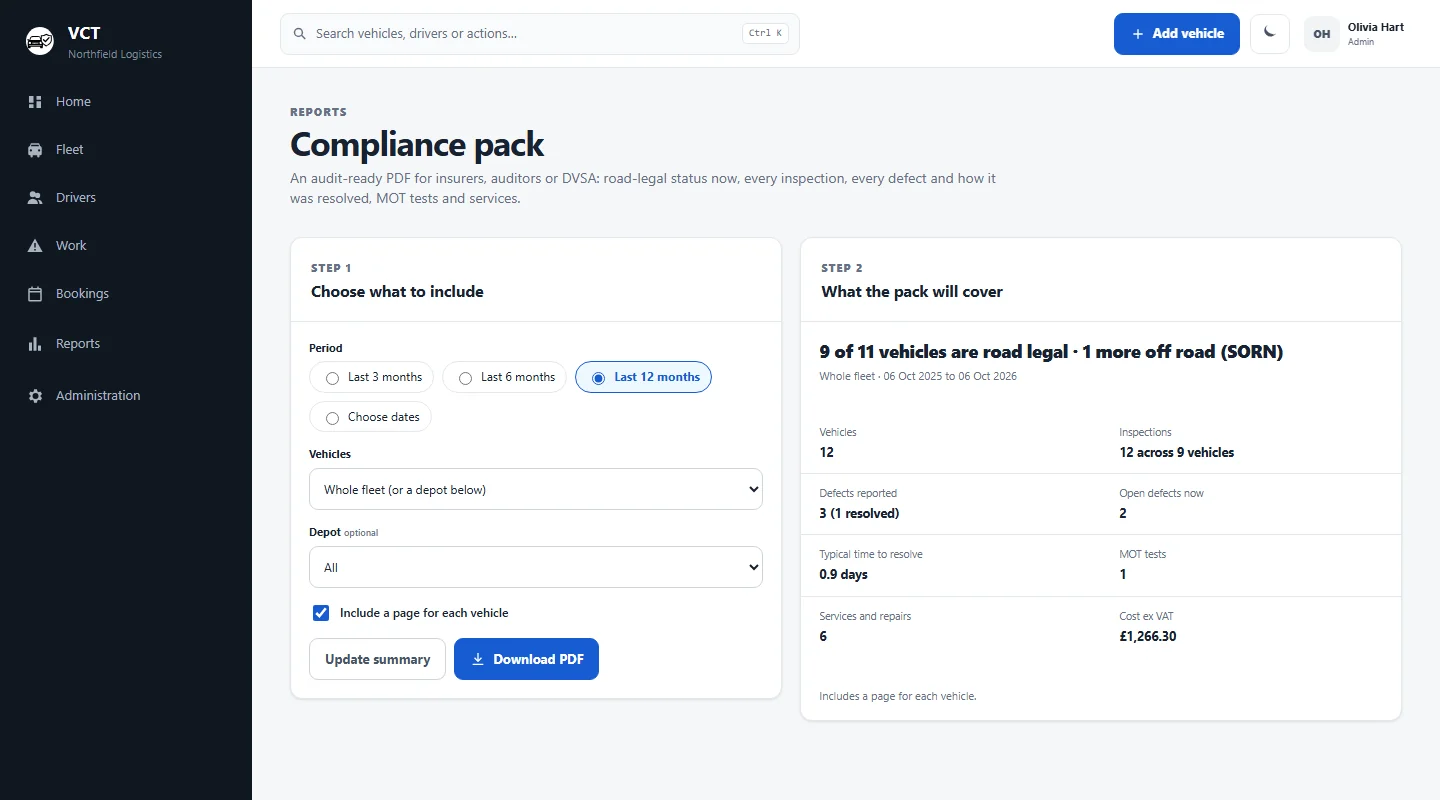 The compliance pack page with a summary of inspections, defects, MOT tests and costs.