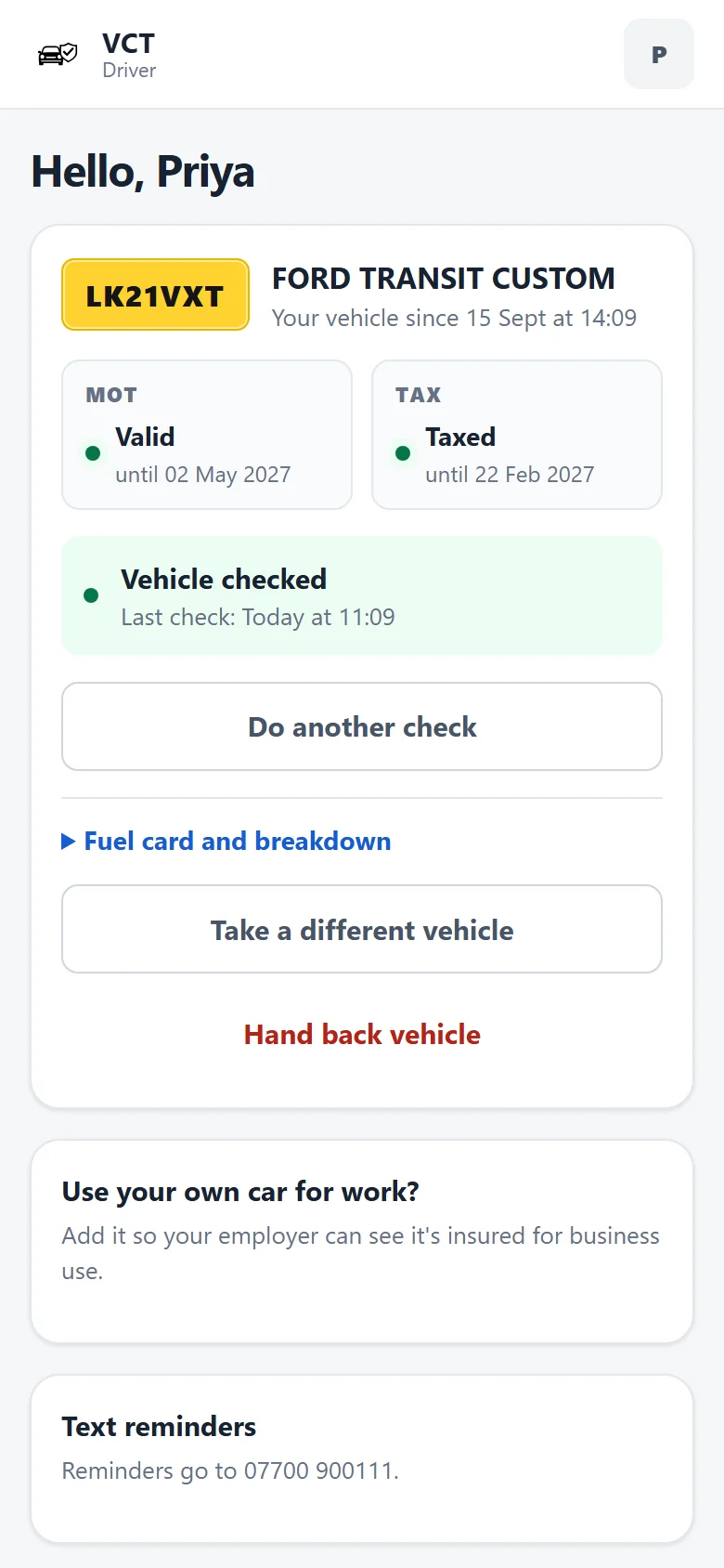 The driver app on a phone, showing Priya's van with valid MOT and tax and today's check done.