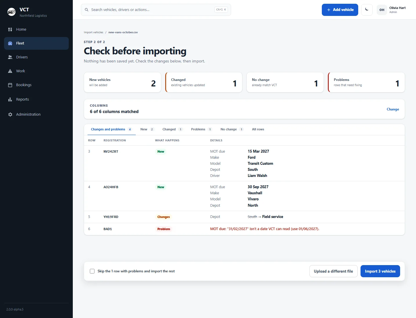 The import preview with new, changed and problem rows.