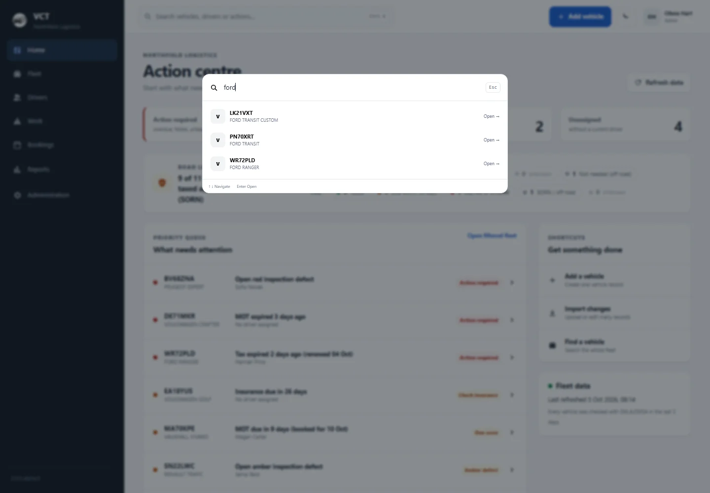 The Ctrl K search box listing three Ford vehicles.