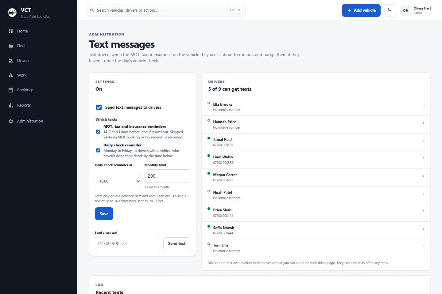 Text message settings with reminder types, a monthly limit and the drivers who can get texts.