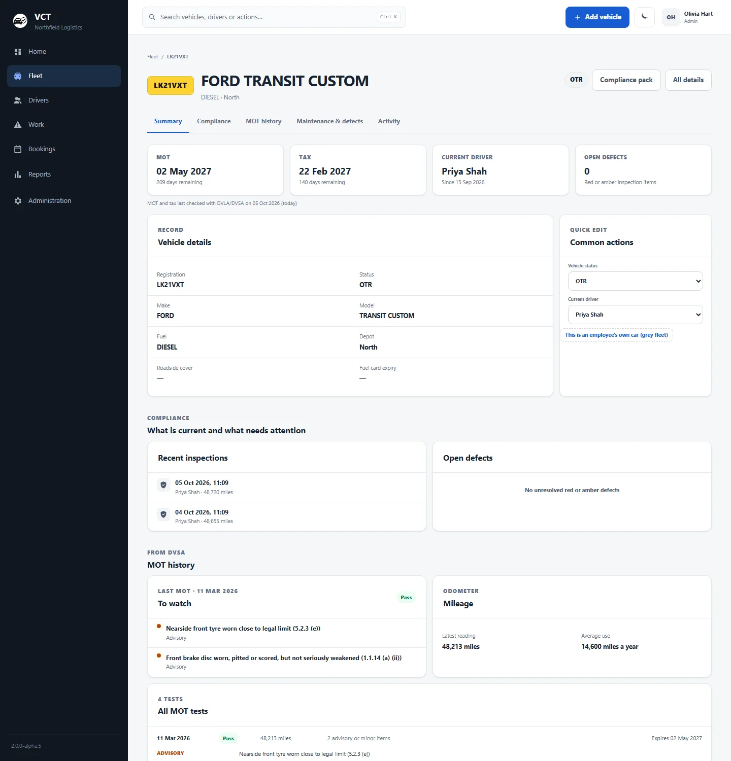 A Ford Transit Custom vehicle page with MOT, tax, current driver, open defects and MOT history.