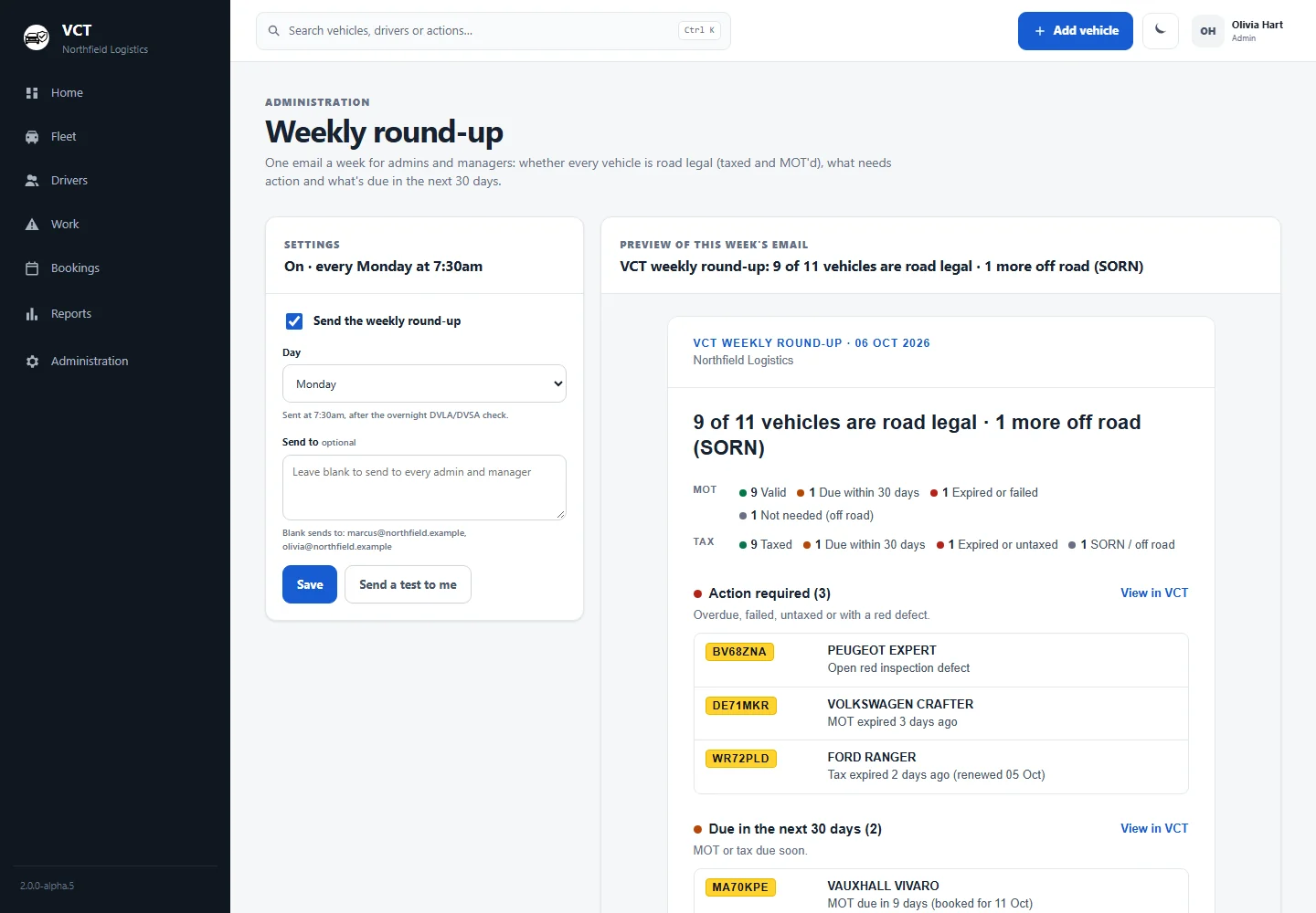 Weekly round-up settings and an email preview.